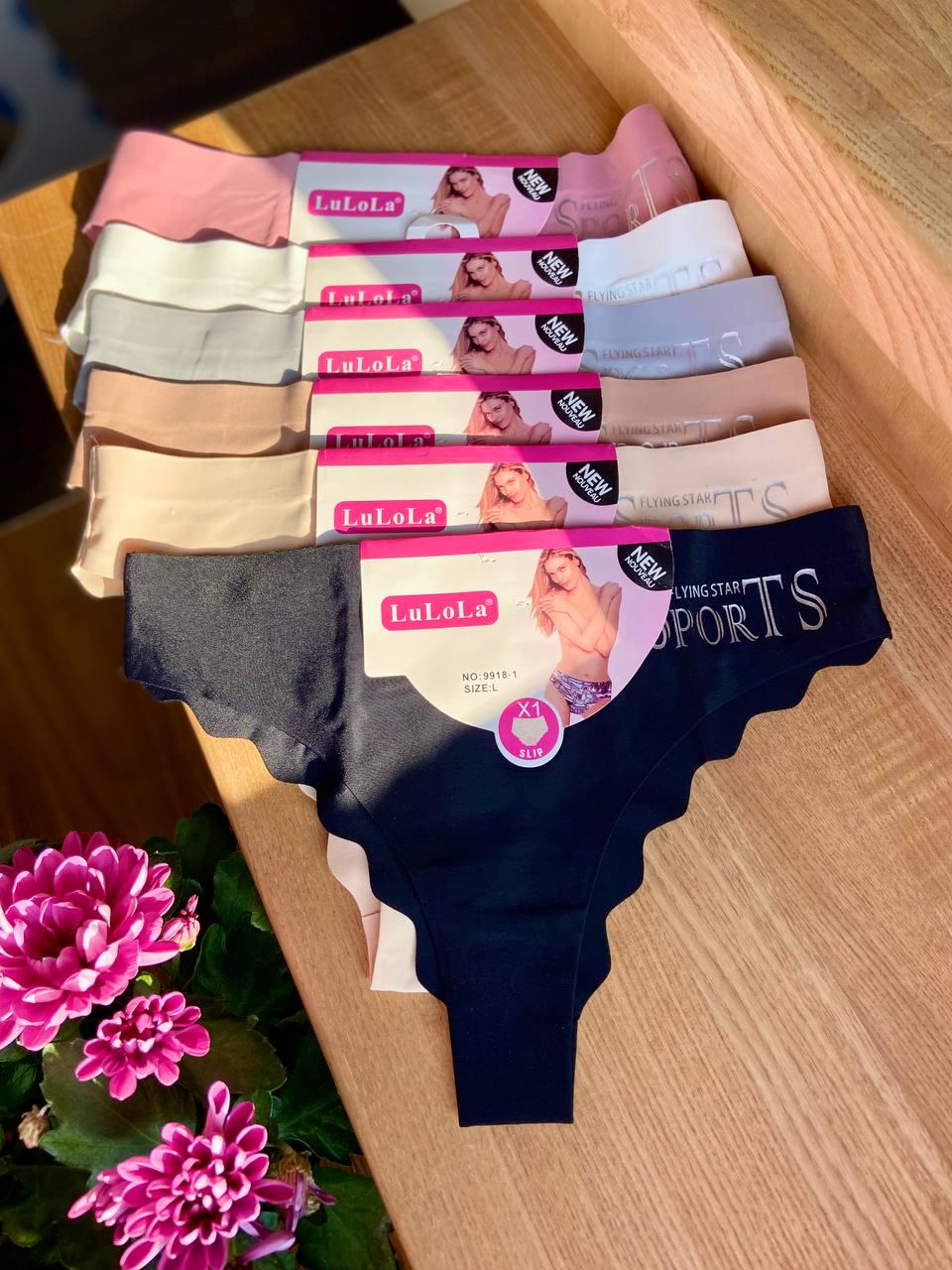 Трусы-танга бесшовные женские с волнистым вырезом средняя посадка с надписью сбоку 6 шт. L (9918-1)