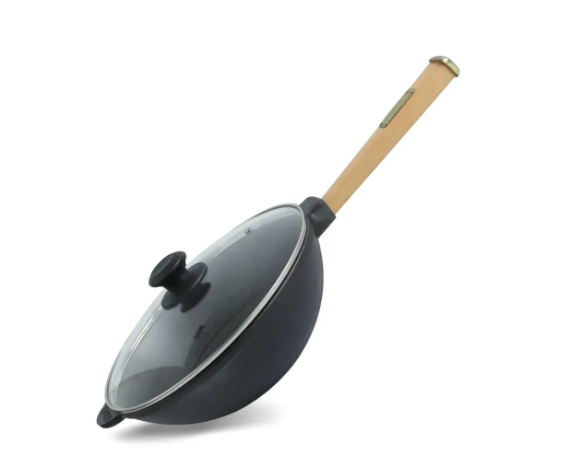 Сковорода чавунна Brizoll WOK з дерев'яною ручкою та скляною кришкою 2,8 л (W26H-6)