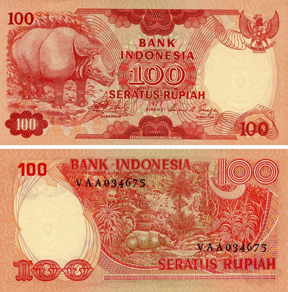 Коллекционная банкнота Индонезия 100 рупий 1977 UNC Животное-Носорог (P116)