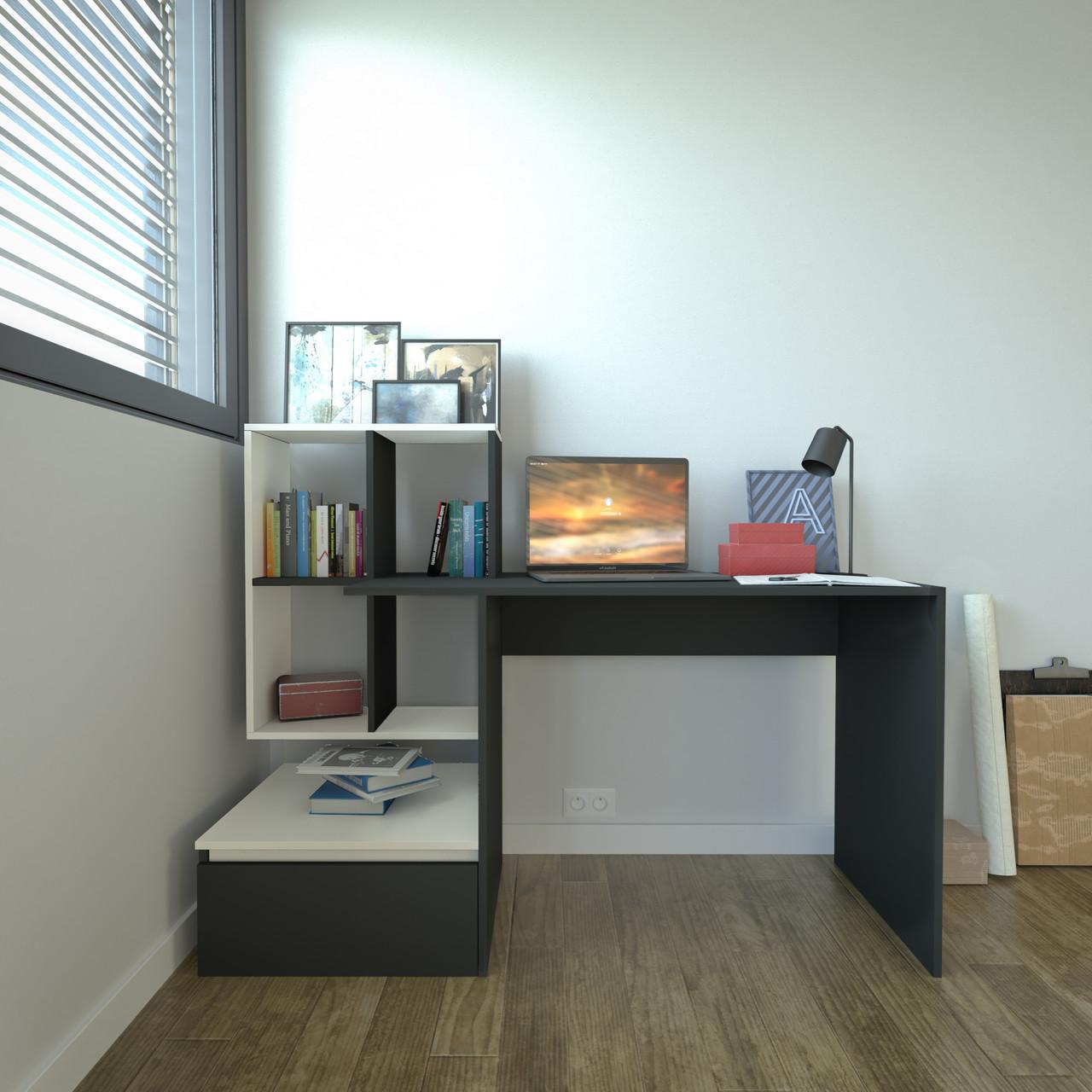 Стол с полками и выдвижным ящиком 141,6 x122,6x58,4 см Белый/Антрацит (ST-0005)