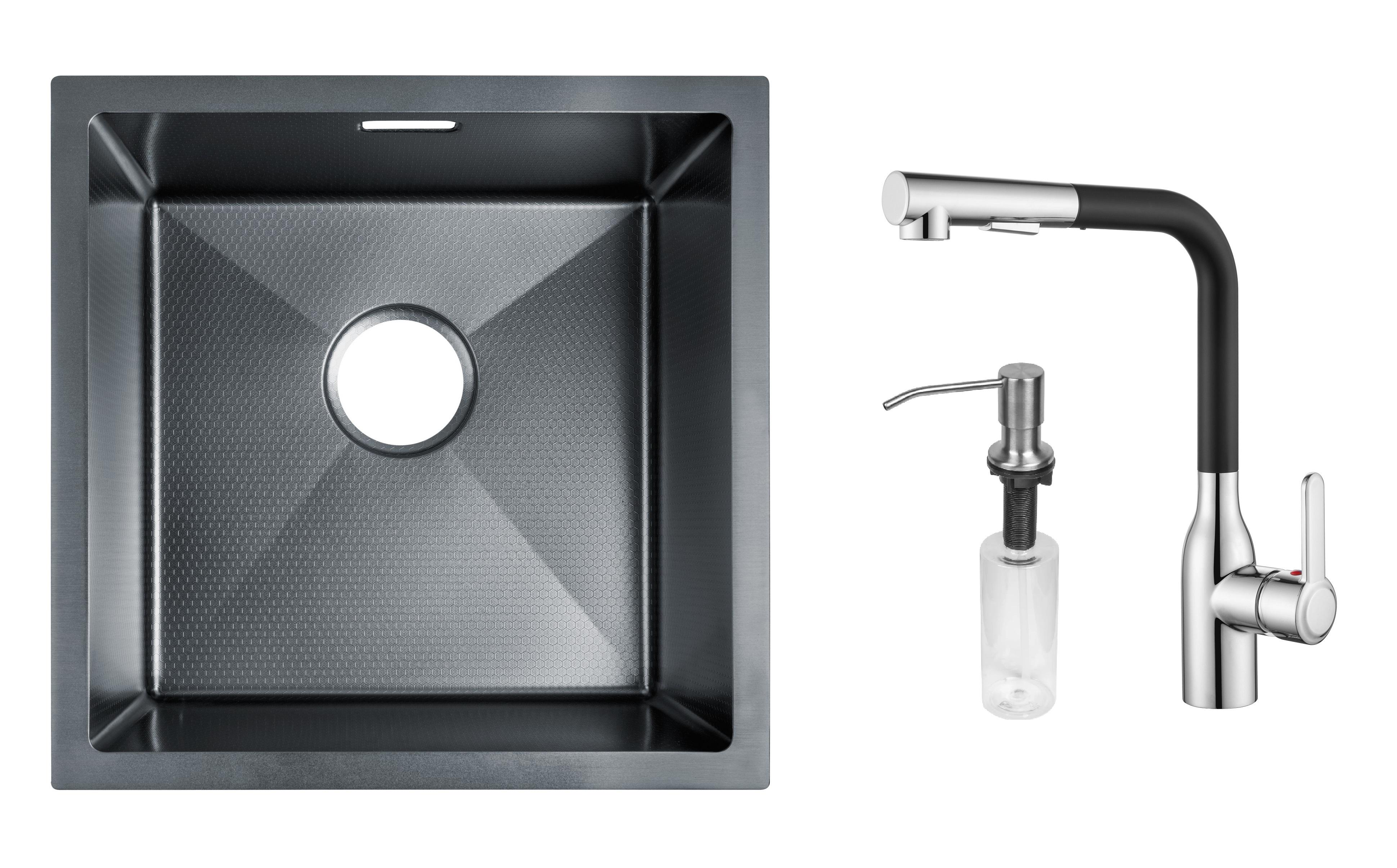 Комплект з кухонної мийки Gunter&Hauer Olef 4522 Black Honey кухонного змішувача Gunter&Hauer Dunkel Cr-Bl