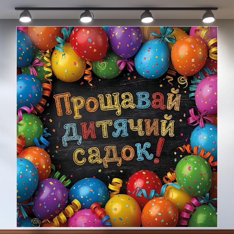 Банер для фотозони "Прощавай дитячий садок" з різнокольоровими кульками 200х200 см