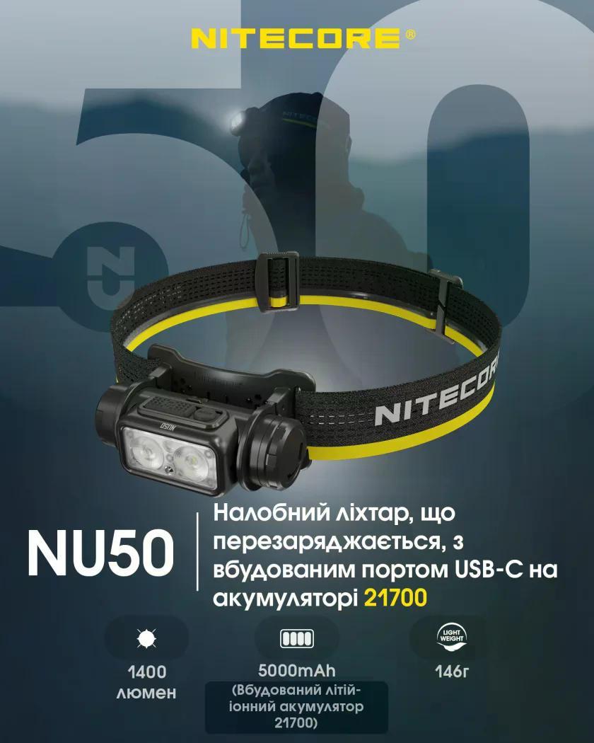 Ліхтар налобний Nitecore NU50 1400 lm USB Type-C 130 м (27831954) - фото 3