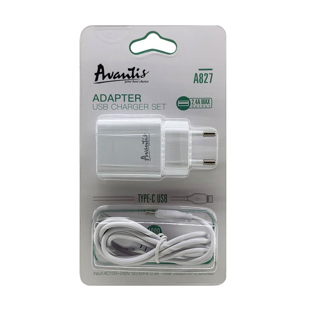 Мережевий зарядний пристрій Avantis A827 1USB/2,4A та USB кабель Type-C Білий (844637)