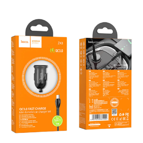 Адаптер автомобильный Hoco Type-C Cable Mighty Z43 1 USB 3 A QC 18 W Black - фото 2 Адаптер автомобильный Hoco Type-C Cable Mighty Z43 1 USB 3 A QC 18 W Black - фото 2