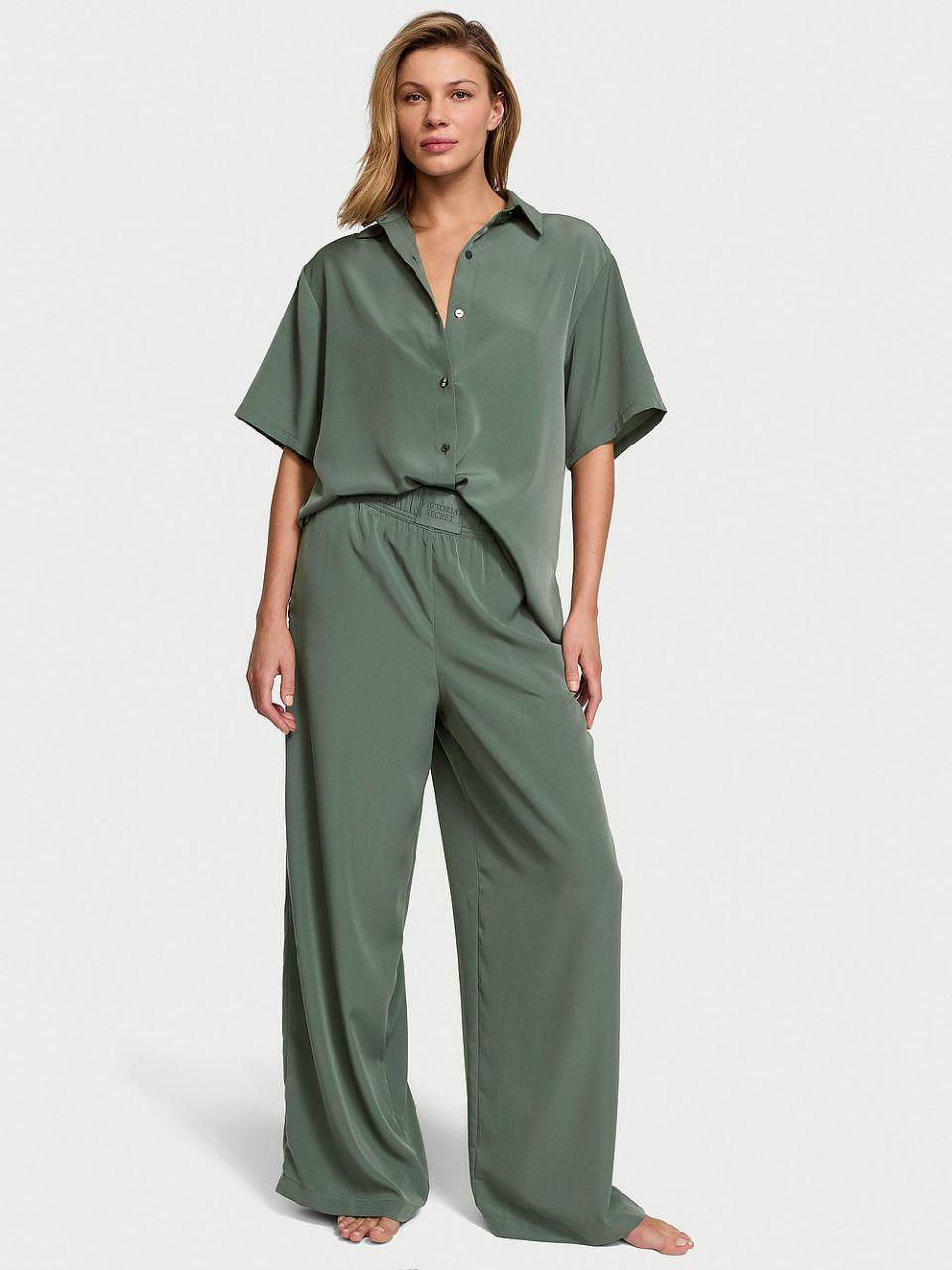 Піжама сорочка/штани Victoria's Secret Luxe Crepe Sleep Set M Хакі (26811426D)