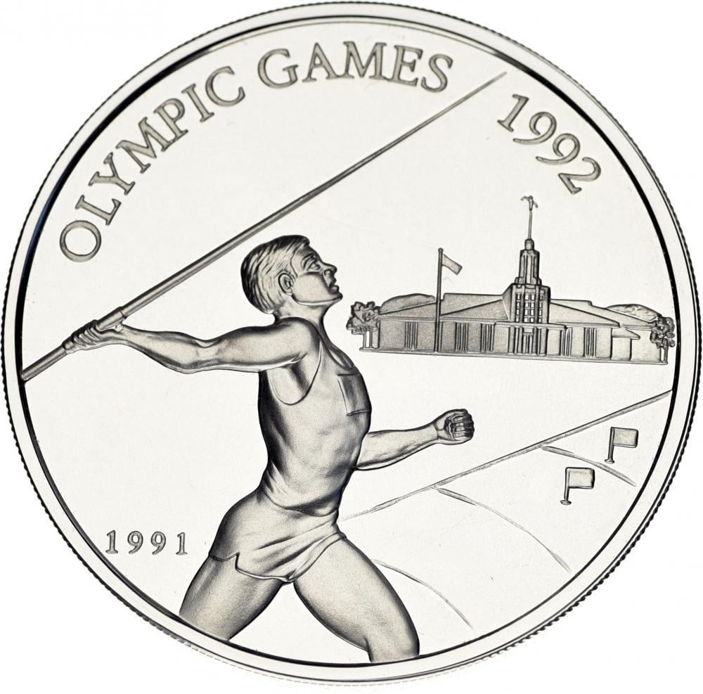 Колекційна монета Самоа 10 тала 1991 Срібло Proof Олімпійські ігри в Барселоні в 1992 році Метання списа (KM#85)