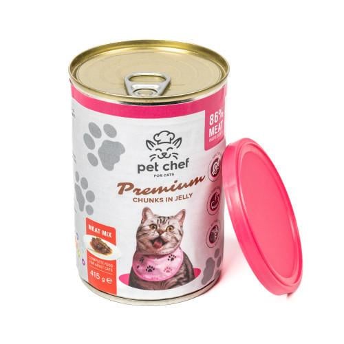 Корм вологий для дорослих котів Pet Chef шматочки в желе М'ясний мікс 415 г - фото 3 Корм вологий для дорослих котів Pet Chef шматочки в желе М'ясний мікс 415 г - фото 3
