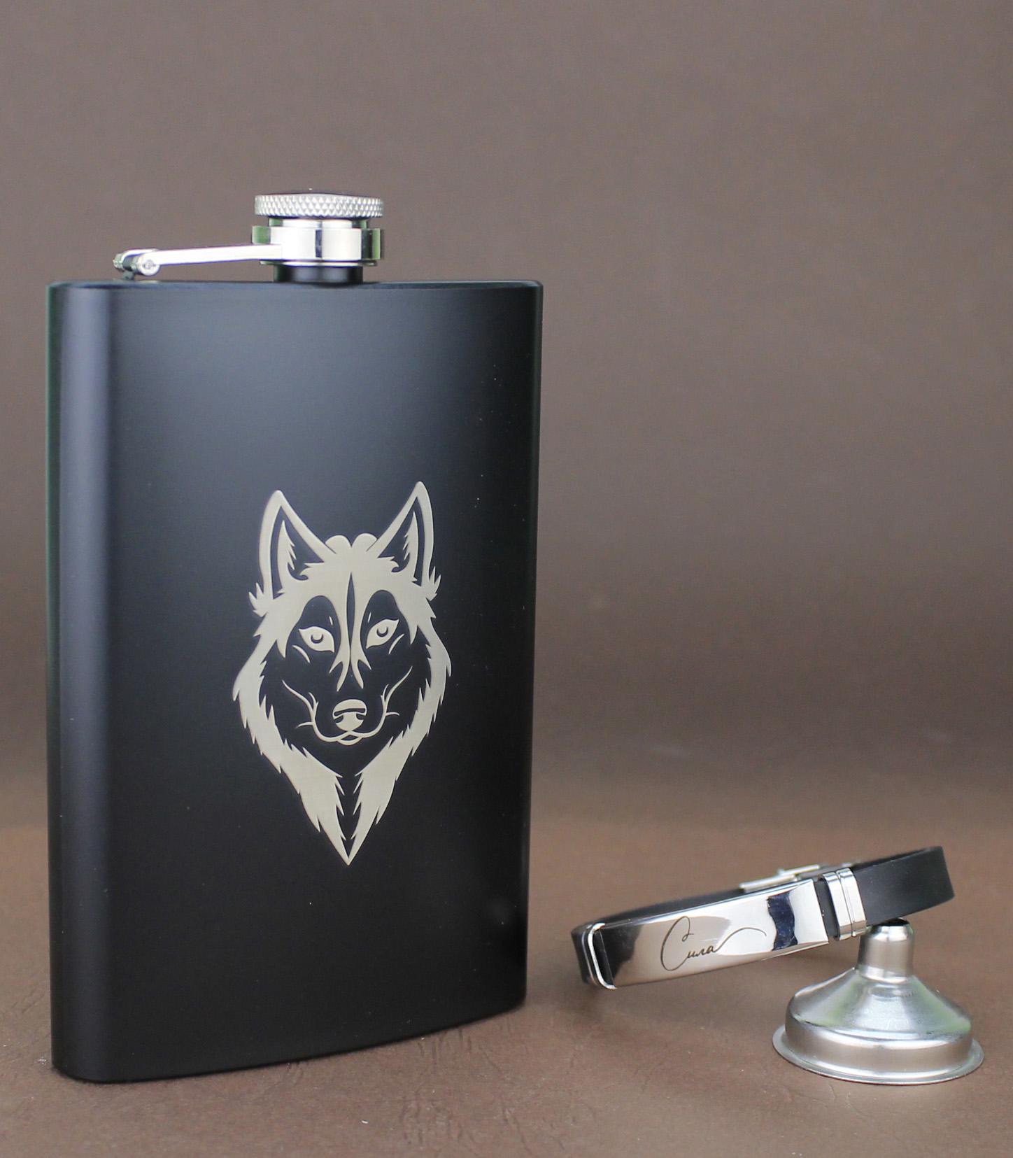 Набір фляги з гравіюванням Вовк з лійкою/браслетом (21-0005)