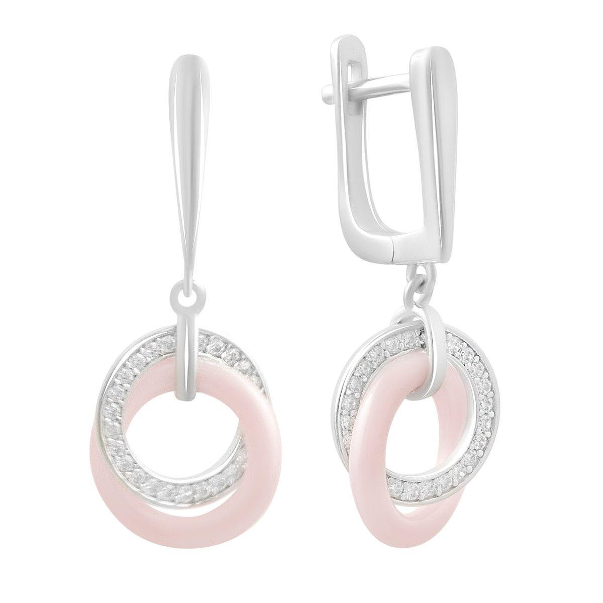 Сережки срібні LoveR з рожевої кераміки з переплетеними кільцями та фіанітами Сережки срібні LoveR з рожевої кераміки з переплетеними кільцями та фіанітами