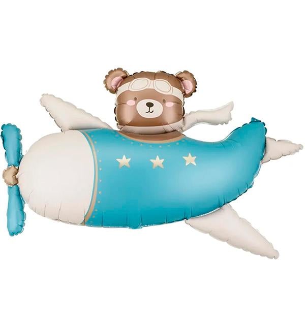 Воздушный шар Мишка в голубом самолете 94х61 см PartyDeco (10810)