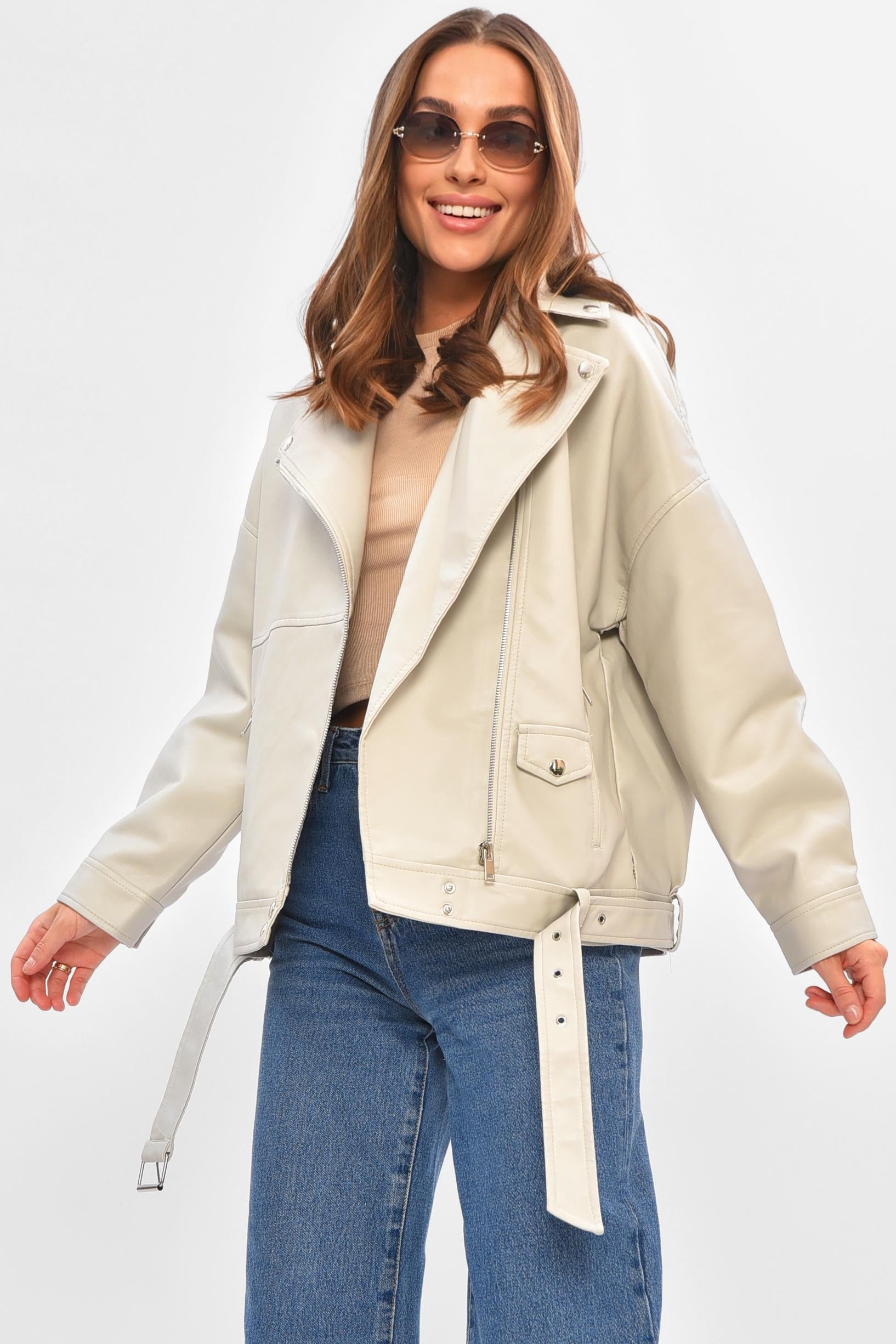 Куртка женская демисезонная из эко кожи р. 42/44 Бежевый (205662)