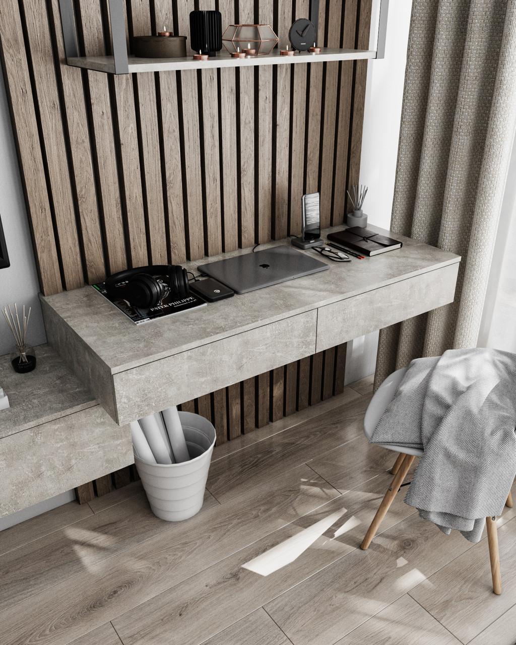 Навесной компьютерный стол на 2 ящика Бетон (T-222)