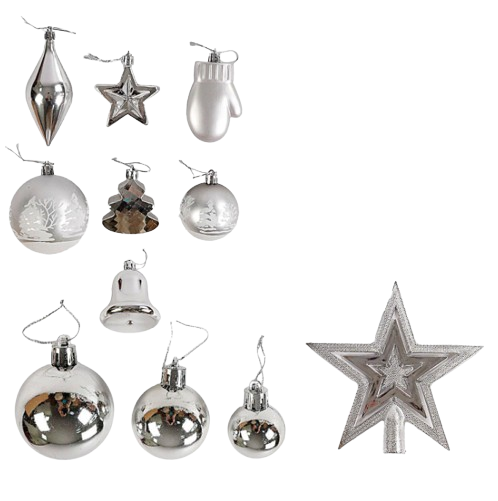 Набор рождественских украшений для елки игрушки со звездой для верхушки елки 98 шт. Серебристый (161595)