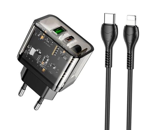 Устройство сетевое зарядное Hoco N34 Dazzling PD20W/QC3.0 Type-C to Lightning 1 м Black - фото 1 Устройство сетевое зарядное Hoco N34 Dazzling PD20W/QC3.0 Type-C to Lightning 1 м Black - фото 1