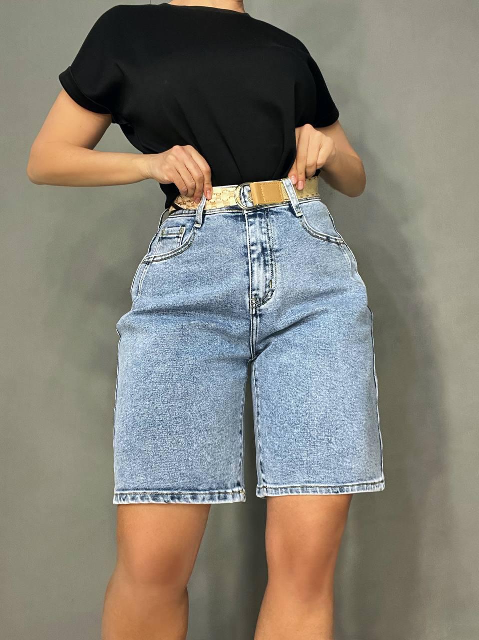 Шорты женские джинсовые Moss 513 бермуды с высокой посадкой и поясом-платком р. 32 Голубой (4170) - фото 7