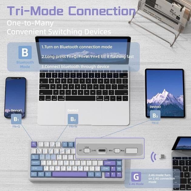 Клавіатура ігрова attack shark X85 HOT-SWAP бездротова/механічна/RGB-підсвічування Purple/White (28749743) - фото 3 Клавіатура ігрова attack shark X85 HOT-SWAP бездротова/механічна/RGB-підсвічування Purple/White (28749743) - фото 3