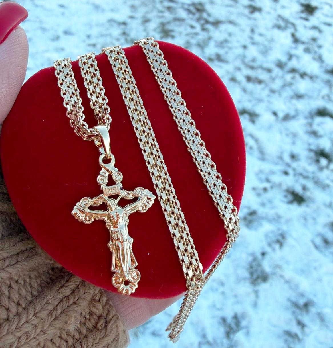 Набор цепочка Xuping Бисмарк Двойной 55 см 4 мм/крестик 3,5 см 18к 585п Золотой (82-007)