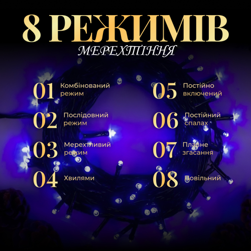 Гирлянда нить 300 LED 8 режимов 14 м Синий (21626912) - фото 4 Гирлянда нить 300 LED 8 режимов 14 м Синий (21626912) - фото 4