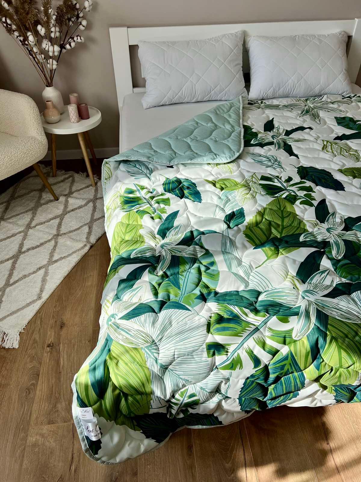 Одеяло летнее двустороннее Растение сатин и жата микрофибра евро 200x220 см Белый (26526994)