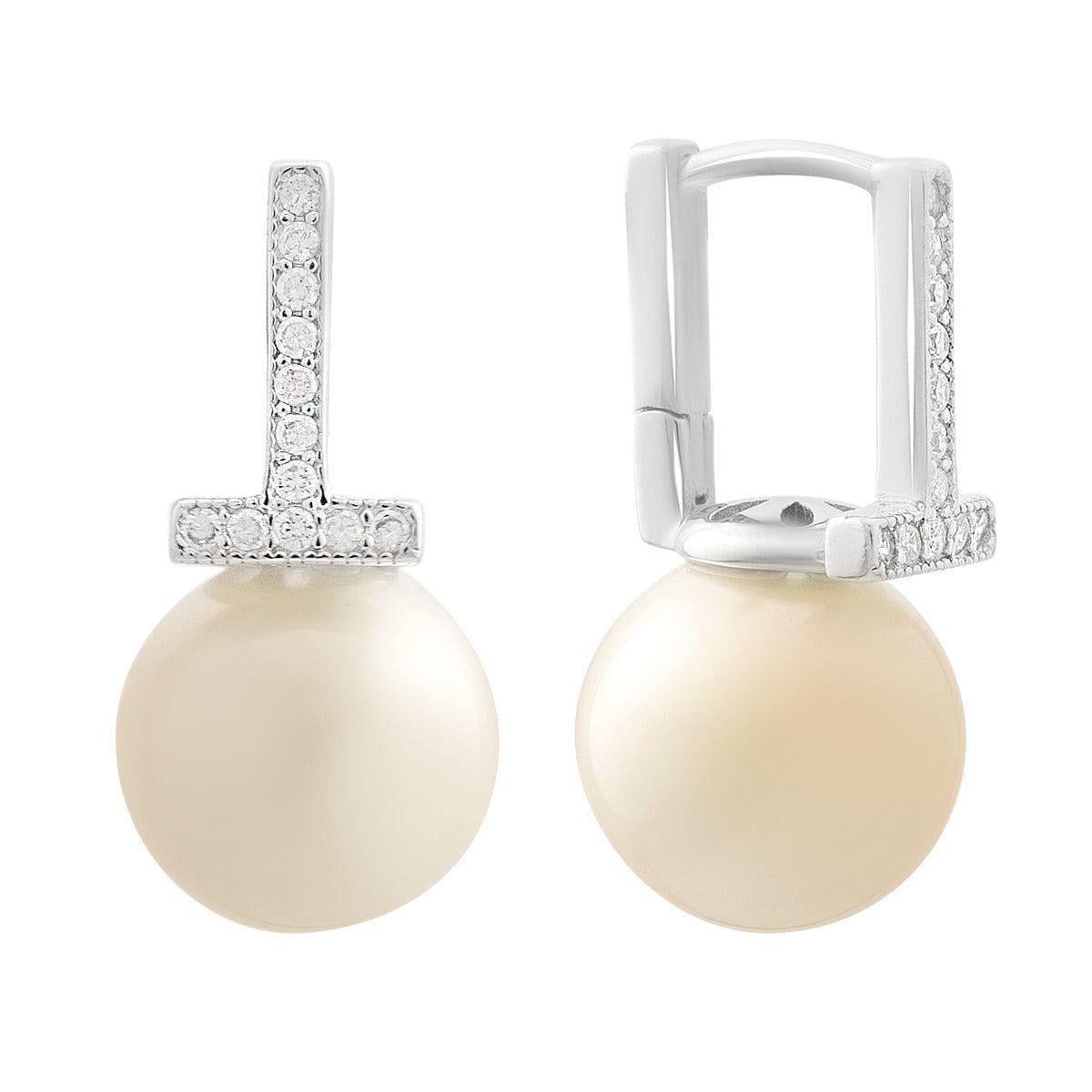 Сережки срібні LoveR з натуральними перлами кремового кольору круглої форми та фіанітами