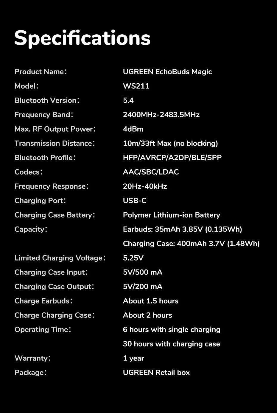 Навушники бездротові UGREEN EchoBuds Magic Кейс з LCD екраном ANC 52 дБ Hi-Res Audio LDAC Bluetooth 5.4 Білий (55137) - фото 10 Навушники бездротові UGREEN EchoBuds Magic Кейс з LCD екраном ANC 52 дБ Hi-Res Audio LDAC Bluetooth 5.4 Білий (55137) - фото 10