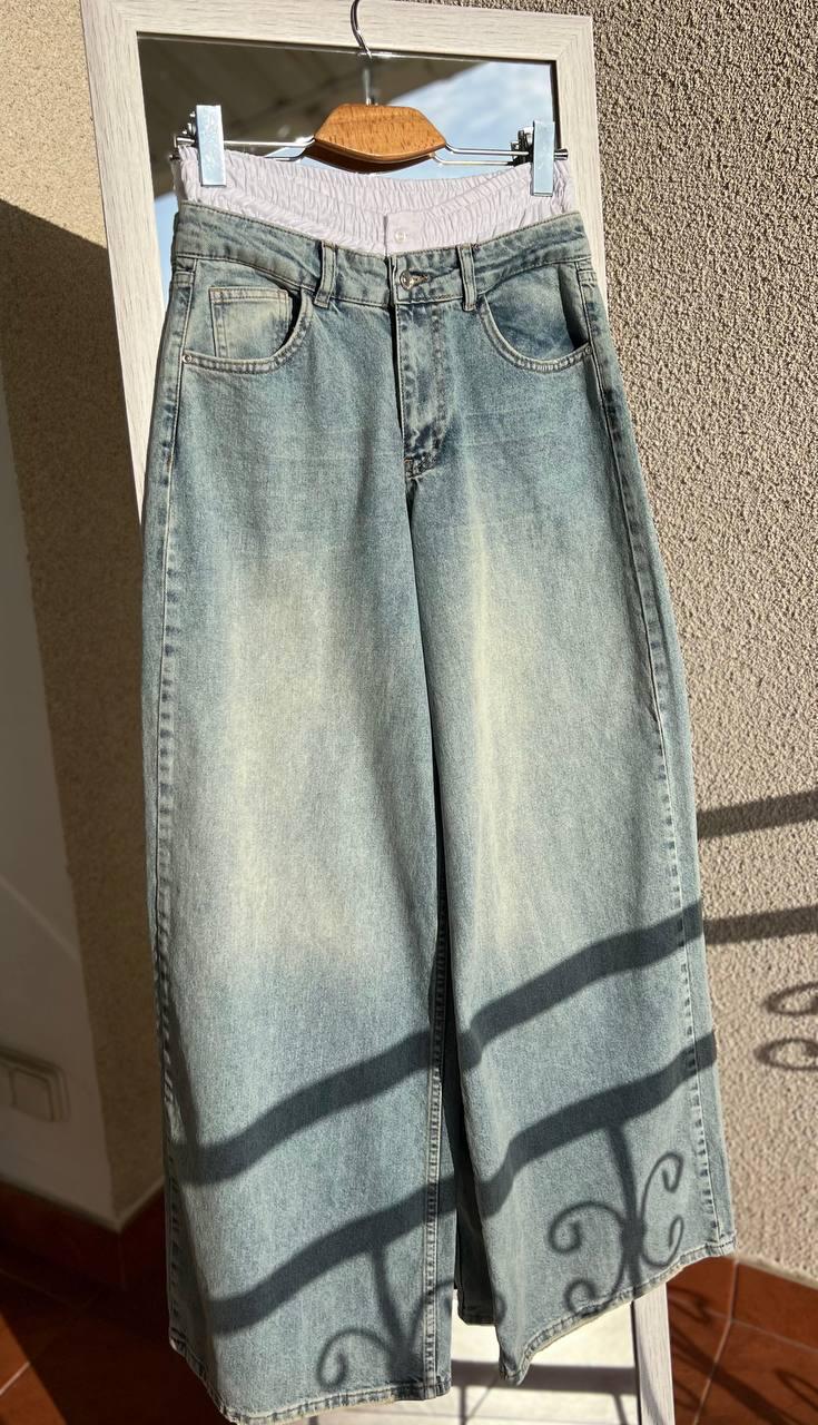 Джинси жіночі I8 162-76 PALAZZO BOXER резинка на талії широкі від стегна р. 25 Білий/Блакитний з зеленим (1955) - фото 5