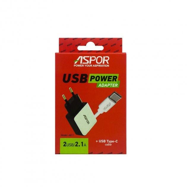 Мережевий зарядний пристрій Aspor A811 ADC P15 2USB/2,1A з USB-кабелем Type-C Білий (1858272468) - фото 2 Мережевий зарядний пристрій Aspor A811 ADC P15 2USB/2,1A з USB-кабелем Type-C Білий (1858272468) - фото 2