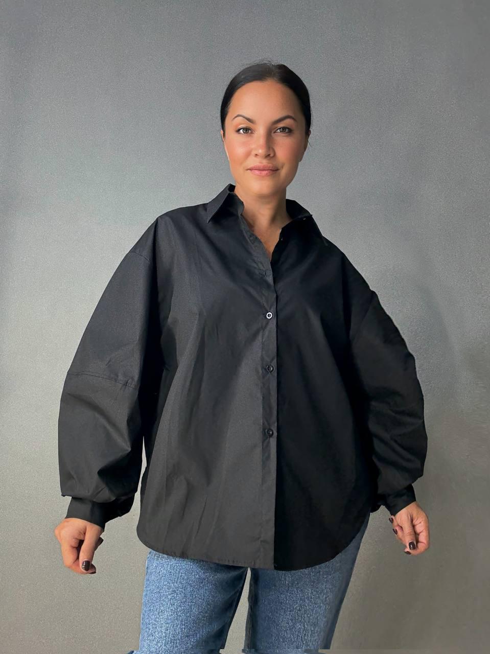 Рубашка женская Lan Lan 7503 оверсайз широкая длинная с пышным рукавом OS Черный (4910) - фото 6