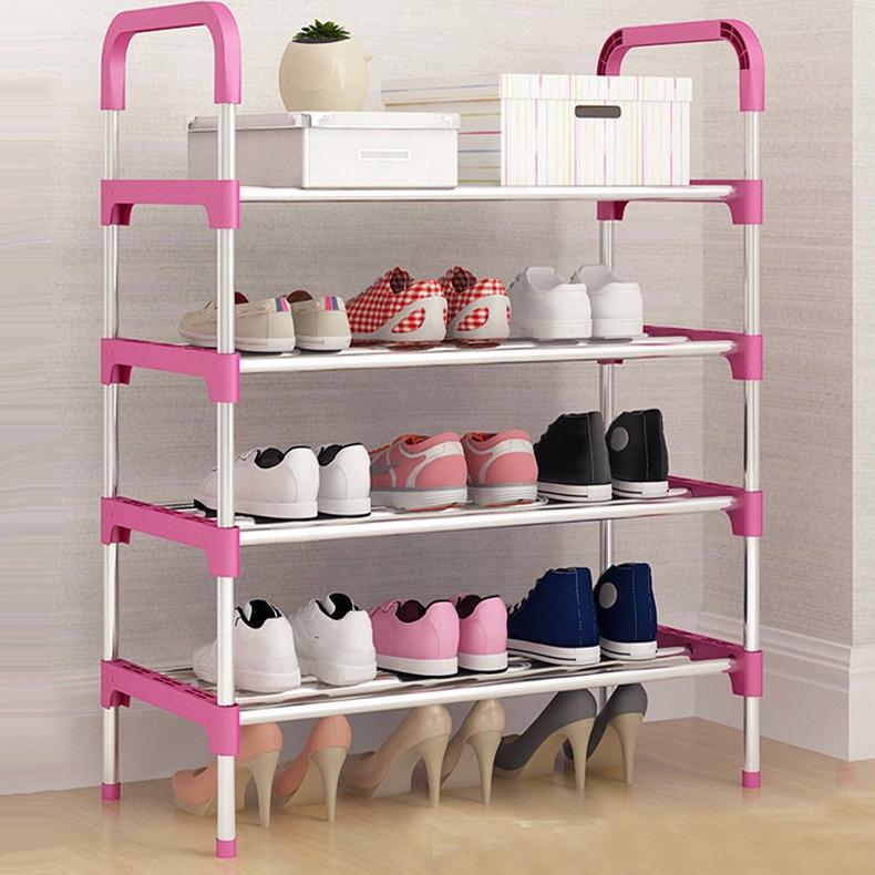 Полка для обуви Shoe Rack складная на 4 полки 12 пар Розовый