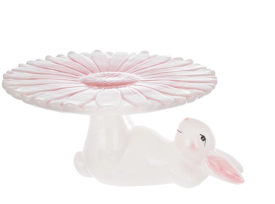 Подставка для кулича/торта керамическая BonaDi Кролик с цветком 23 см Белый/Розовый (733-581)