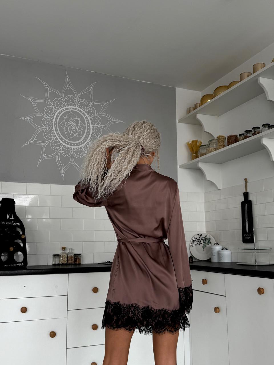 Халат женский шелковый с кружевом Шоколадный (2533884040) - фото 9 Халат женский шелковый с кружевом Шоколадный (2533884040) - фото 9