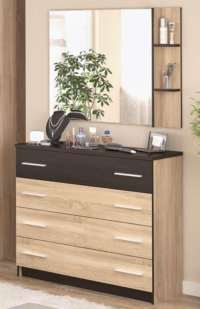Комод для спальни с выдвижными ящиками Mebel Service Вероника 4Ш/зеркало 102,8х40,1х91,2 см Дуб самоа/Венге темный (23931831)