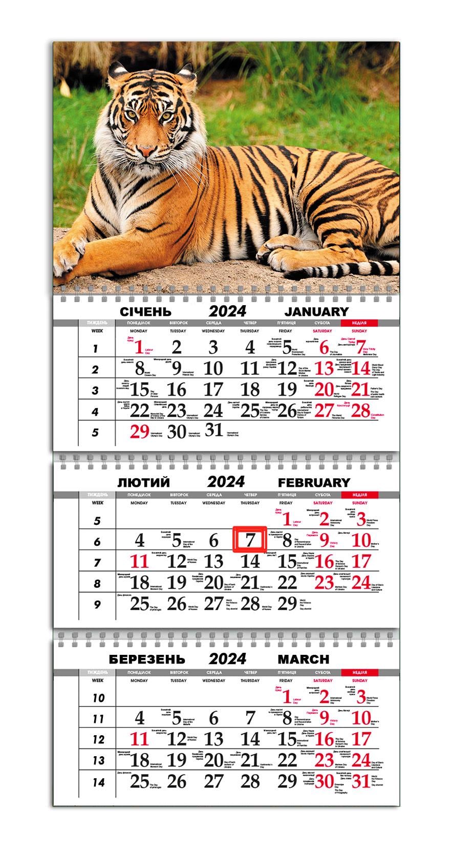 Календарь квартальный на 2024 год APRIORI Тигр/Made in Ukraine 30х61 см (UA2195)