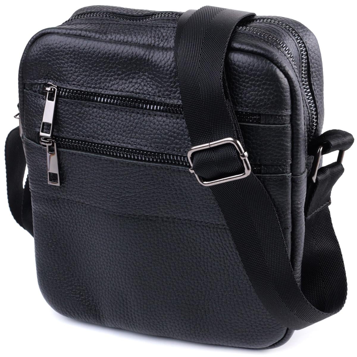 Мужская сумка-мессенджер SHVIGEL Bag 22847 из натуральной зернистой кожи Черный
