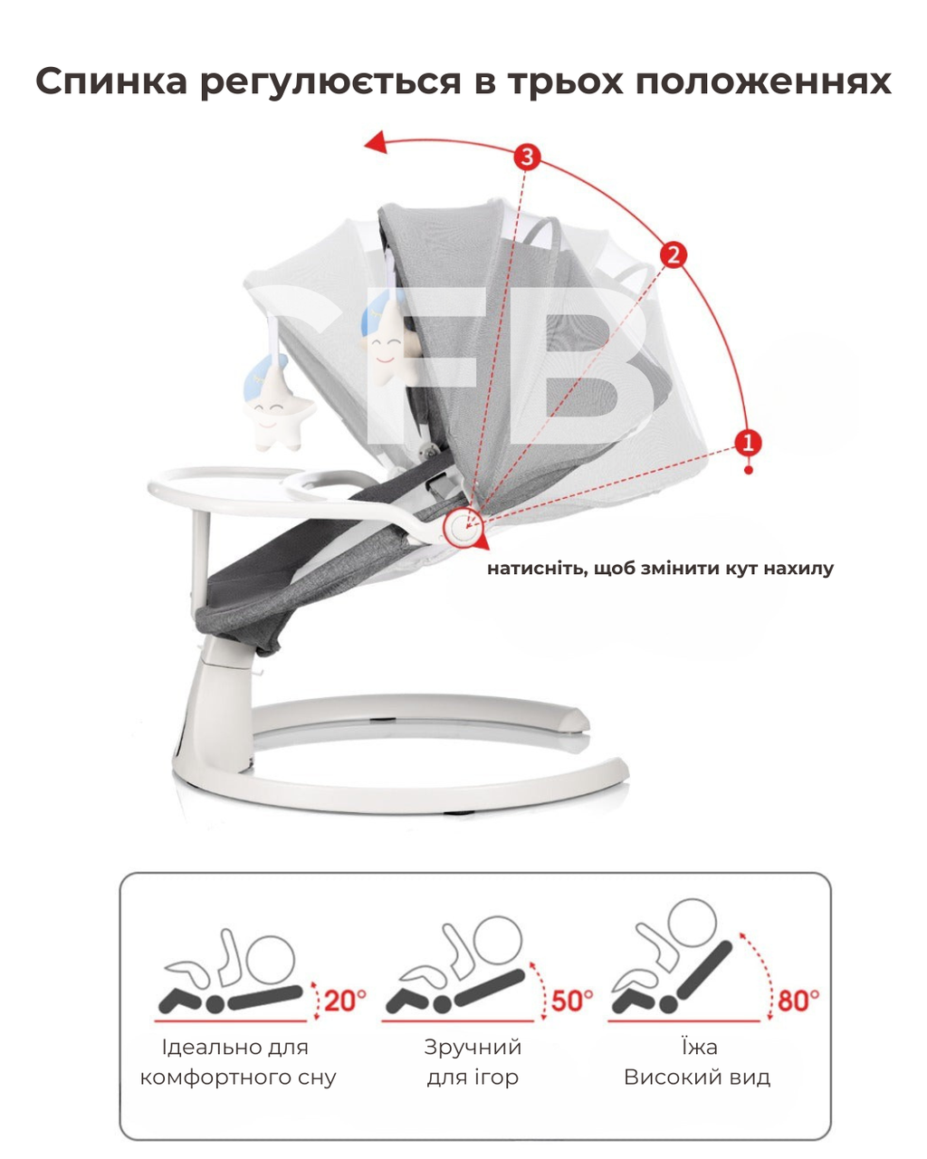 Дитячий шезлонг 2в1 зі стільницею від народження з пультом керування Сіро-білий (2535173322) - фото 4