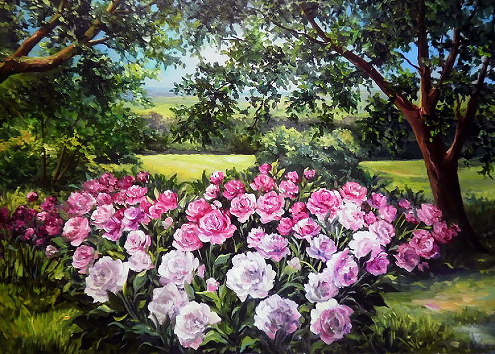 Алмазная мозаика Чарівний діамант Пейзаж с пионами 70x50 см (КДИ-1482)