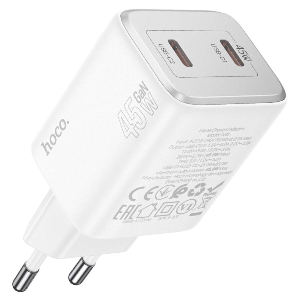 Зарядное устройство Hoco N42 Elogiado Dual-Port PD45W 2xType-C Charger Set Type-C to Lightning Cable White (6942007617116) - фото 4 Зарядное устройство Hoco N42 Elogiado Dual-Port PD45W 2xType-C Charger Set Type-C to Lightning Cable White (6942007617116) - фото 4