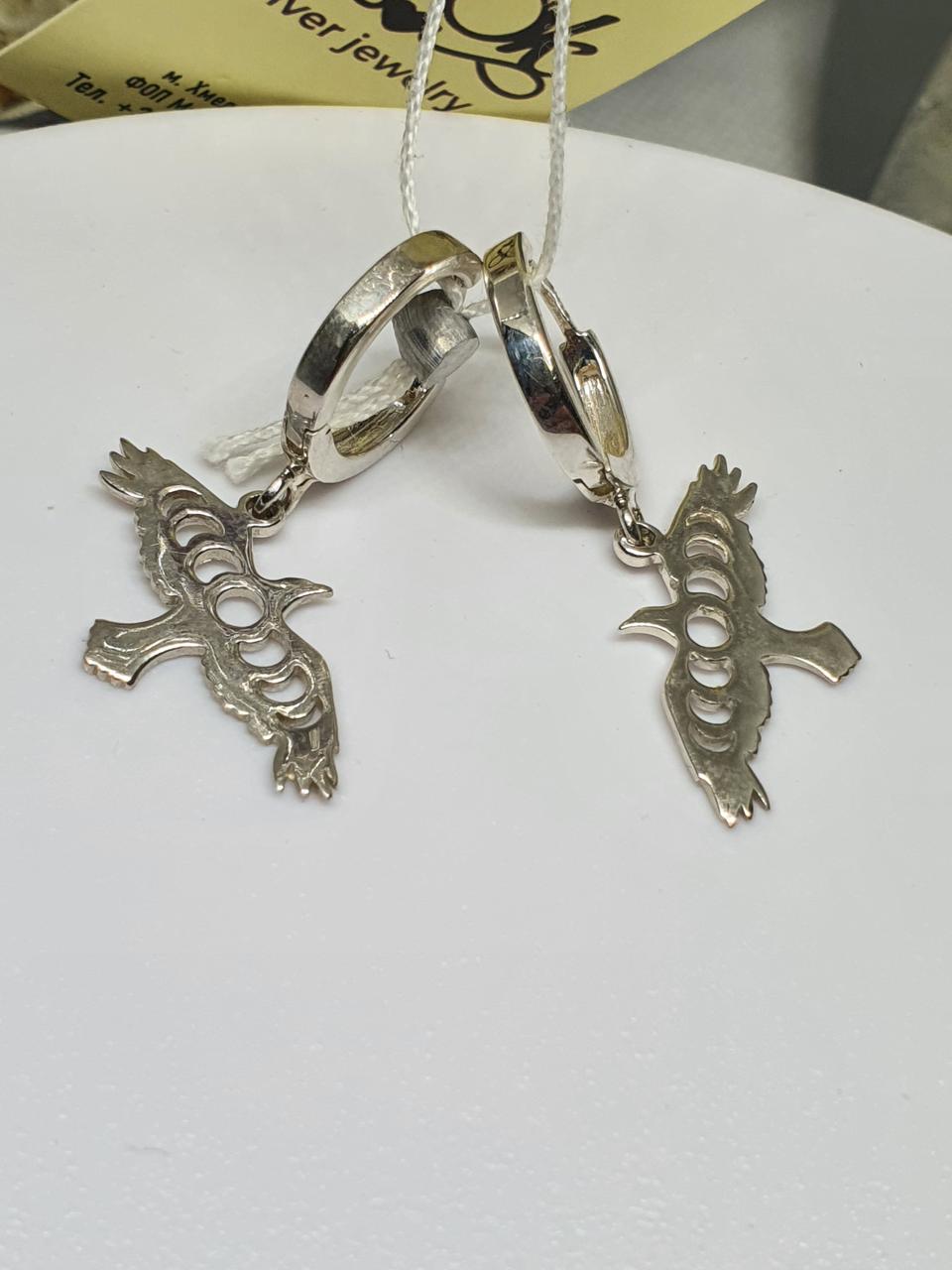 Серебряные серьги Птичка ворон с фазами луны 925 проба (2423926117)