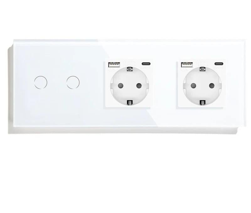 Выключатель умный LUXION двойной/сенсорный с двумя розетками USB A+C 20Вт с заземлением стекло Белый