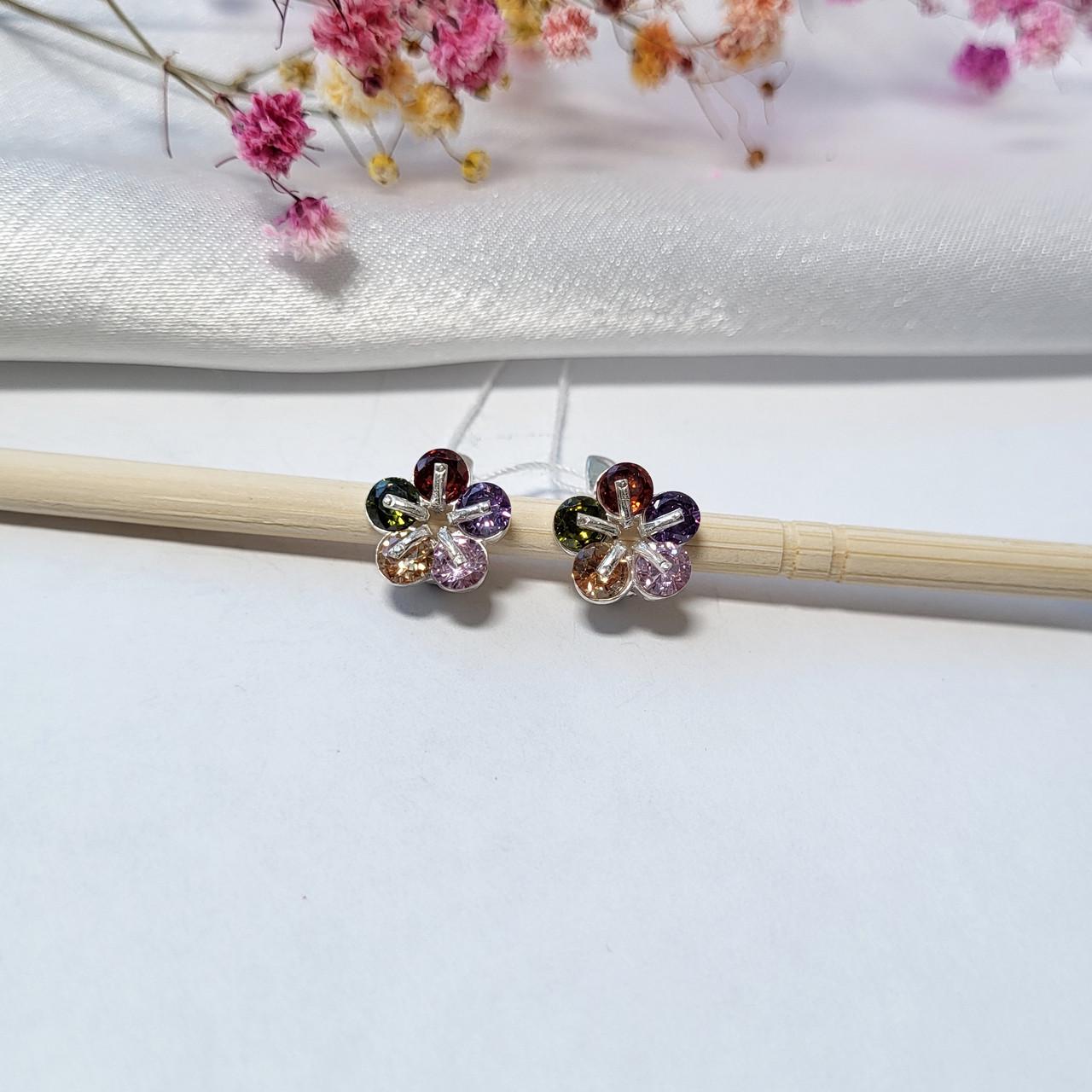 Серьги цветок анютка с цветными камнями серебро 925 пробы 3,15 г (2293)