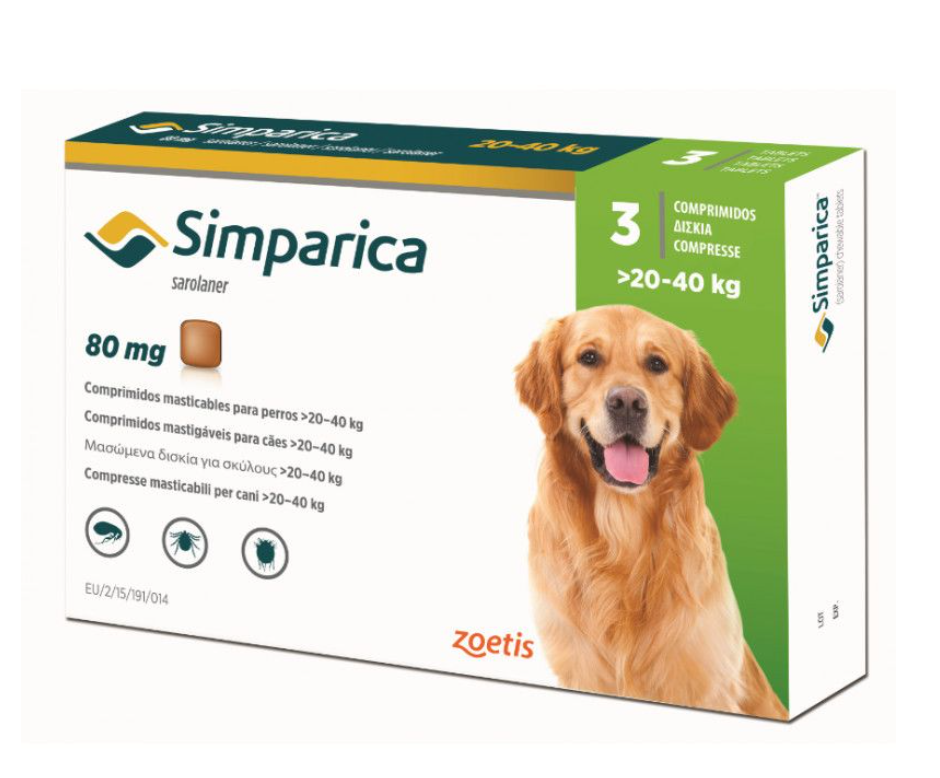 Средство от блох и клещей Simparica для собак весом 20-40 кг. 3 табл. по 80 мг (00000001754)
