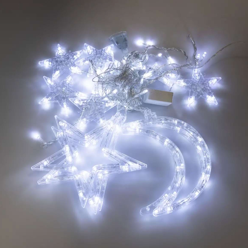 Гірлянда-штора Місяць та зірки розмір 3х0,9 м 12 фігур Білий