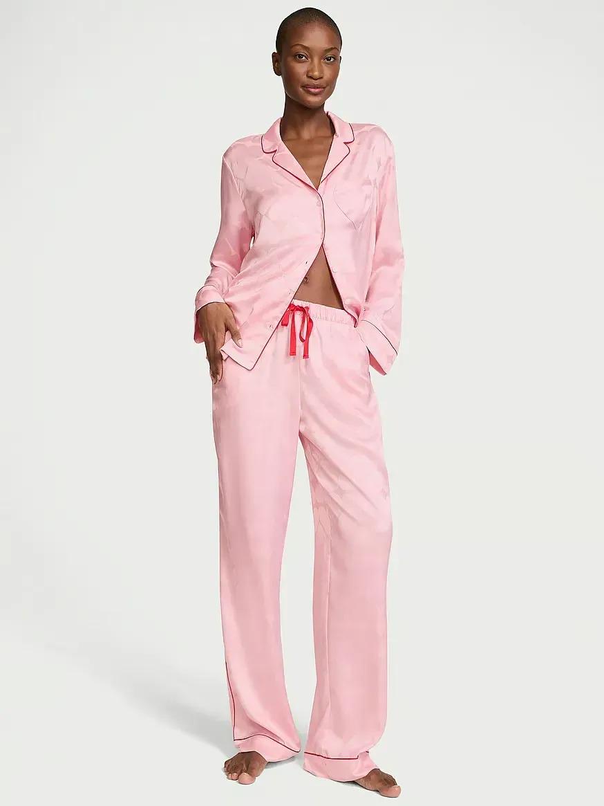 Піжама сорочка/штани сатинова Victoria's Secret Glazed Satin Heart Long Pajama Set Regular М Рожевий (26989752)