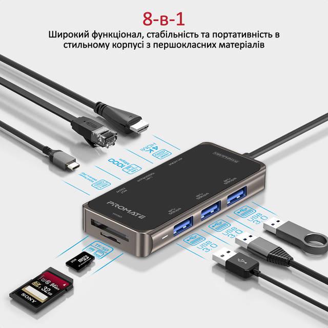 USB-C хаб 8в1 Promate PrimeHub-Mini USB-C PD/HDMI/3xUSB 3.0/RJ45/SD/MicroSD Grey - фото 2