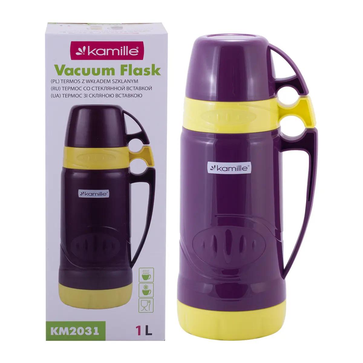 Термос Kamille пластиковий зі скляною колбою 1000 мл Фіолетовий (KM-2031)