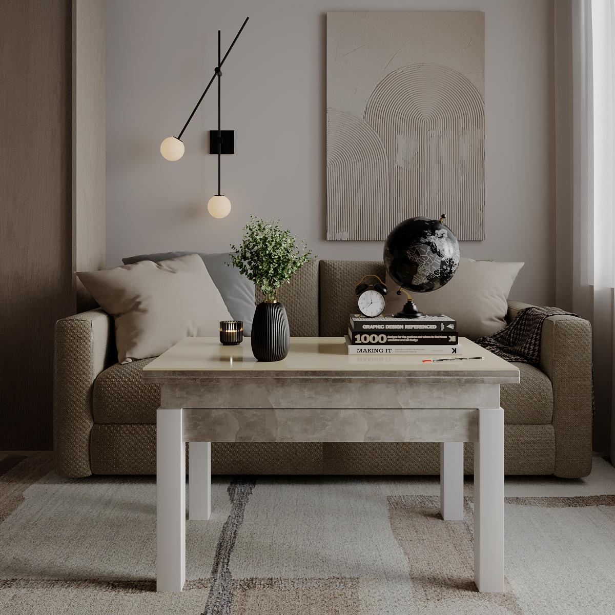 Журнальный стол-трансформер B-Fly Glass 900x554x600 мм Ателье светлый/Белые ножки/Белая жемчужина (GATB10040400113) - фото 4 Журнальный стол-трансформер B-Fly Glass 900x554x600 мм Ателье светлый/Белые ножки/Белая жемчужина (GATB10040400113) - фото 4