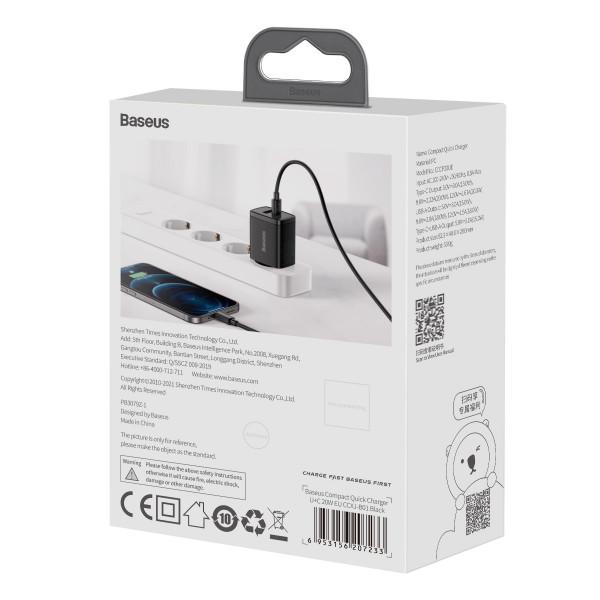 Зарядний пристрій Baseus 20W USB+Type-C Compact Quick Charger QC3.0+PD3.0 3A Black (CCXJ-B01) - фото 18