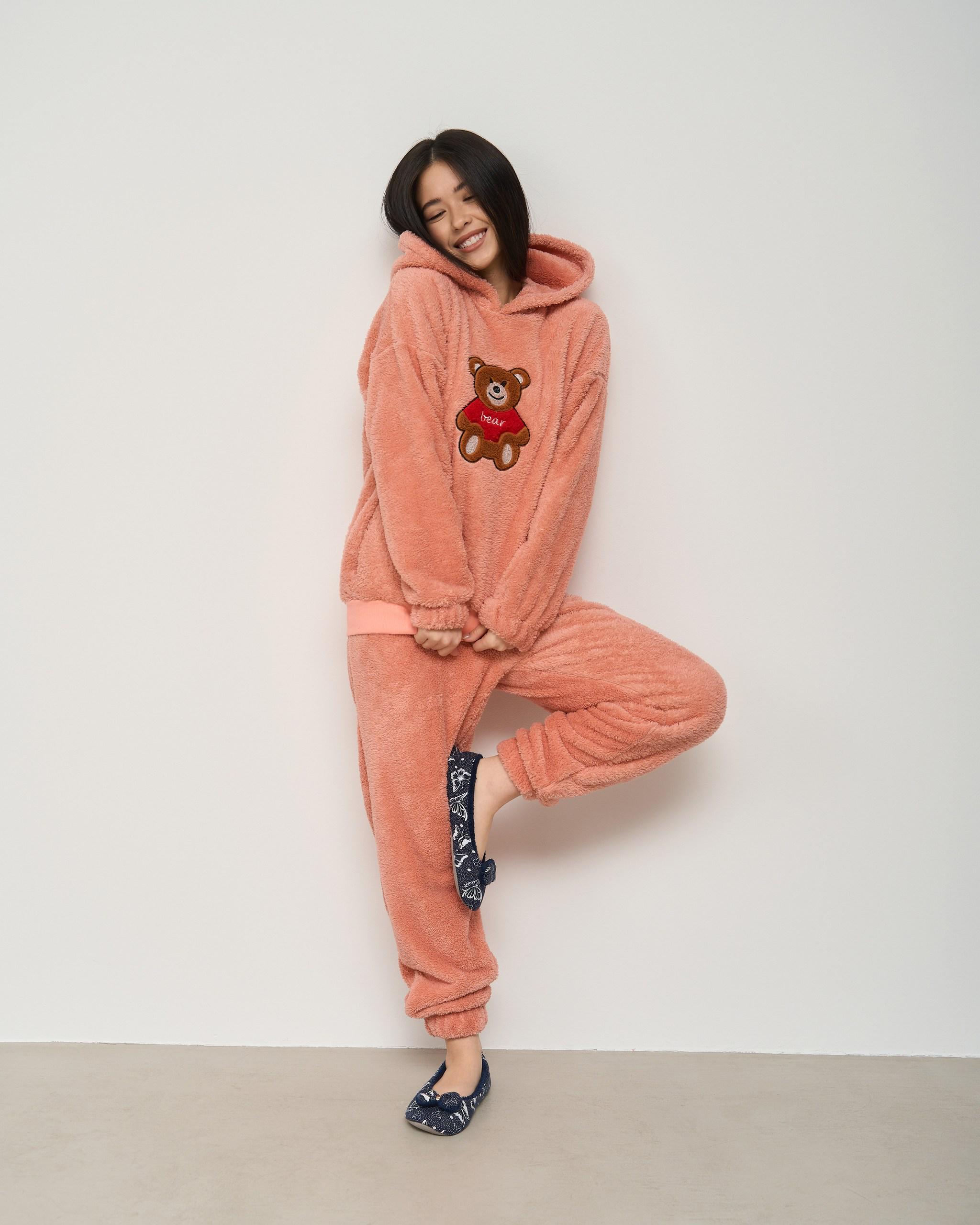 Пижама женская с капюшоном Мишка Тедди велюрсофт M Персиковый (94117)