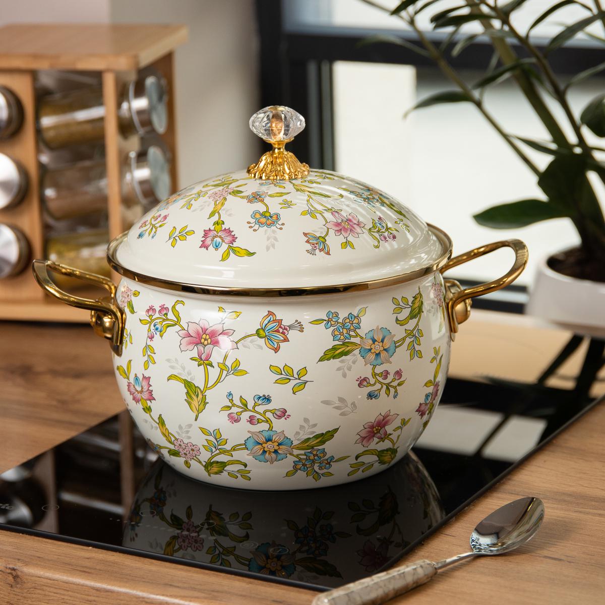 Кастрюля Yiwu эмалированная с цветочным принтом крышка в комплекте 5 л